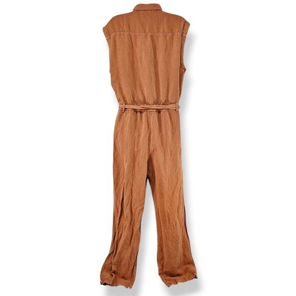 Young Fabulous & Broke Cuba Jumpsuit Caramel Linen Blend Utility Large - Picture 2 of 5
